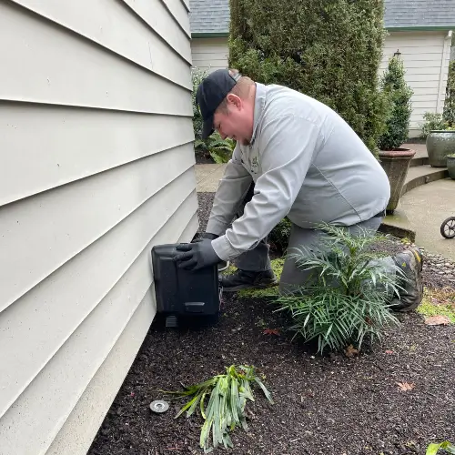 Pest Plus technician setting up rodent bait traps in front of a residential home in Gresham OR